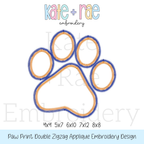 Paw Print Double Zigzag Stitch Applique Embroidery Design: Design preview of a paw print with an orange and blue zigzag double outline, available in 4x4, 5x7, 6x10, 7x12, and 8x8