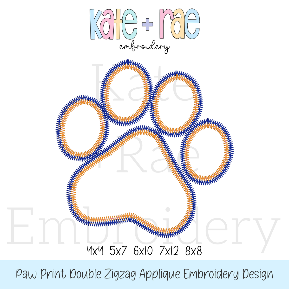 Paw Print Double Zigzag Stitch Applique Embroidery Design: Design preview of a paw print with an orange and blue zigzag double outline, available in 4x4, 5x7, 6x10, 7x12, and 8x8