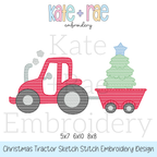 Tractor with Christmas Tree in Wagon Sketch Stitch Embroidery Design: Design preview of a red sketch stitch tractor pulling a wagon with a green Christmas tree, available in 5x7, 6x10, and 8x8