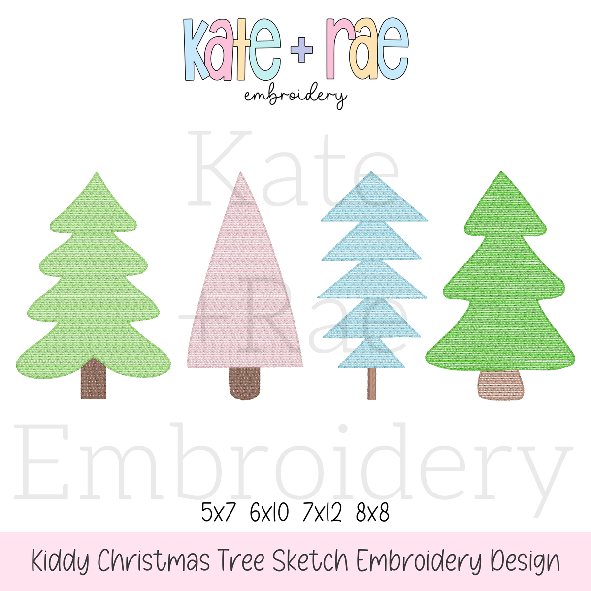 Whimsical Kiddie Christmas Tree Sketch Stitch Embroidery Design: Design preview of four whimsical sketch stitch Christmas trees in green, pink, and blue, available in 5x7, 6x10, 7x12, and 8x8