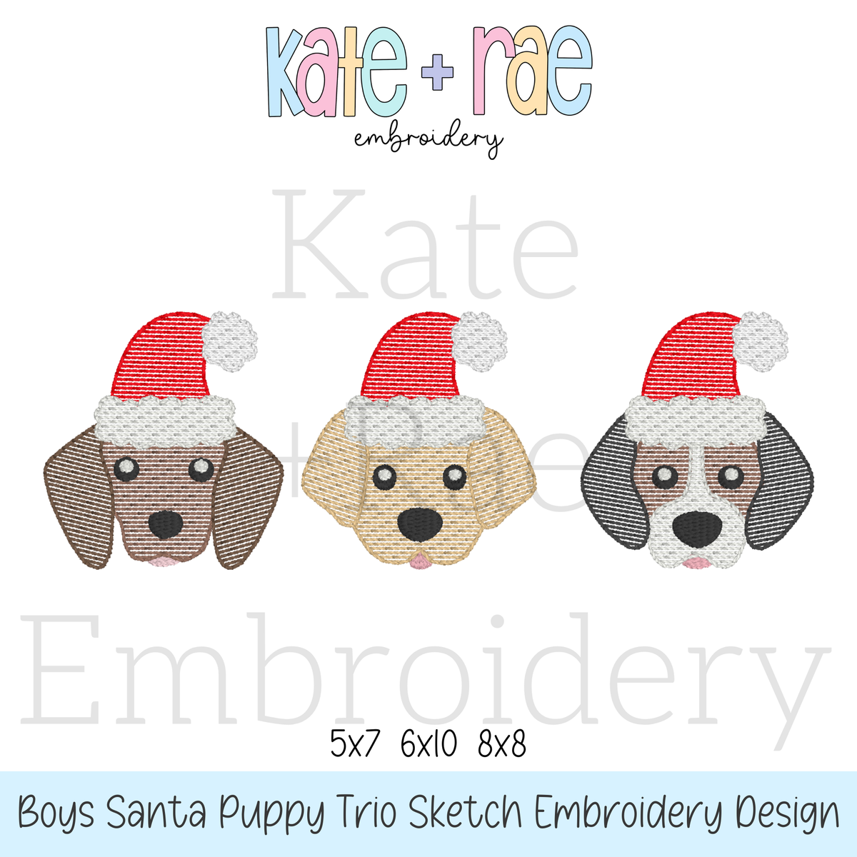 Santa Puppy Trio Sketch Stitch Embroidery Design: Design preview of three sketch stitch puppy faces wearing Santa hats, available in 5x7, 6x10, and 8x8