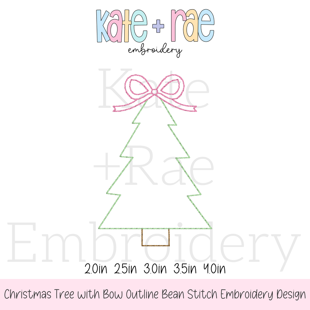 Christmas Tree with Bow Mini Outline Bean Stitch Embroidery Design: Design preview of a green outline Christmas tree with a pink bow on top, available in 2 to 4 inch sizes