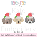 Santa Puppy Trio with Bows Sketch Stitch Embroidery Design: Design preview of three sketch stitch puppy faces wearing Santa hats with green bows, available in 5x7, 6x10, and 8x8