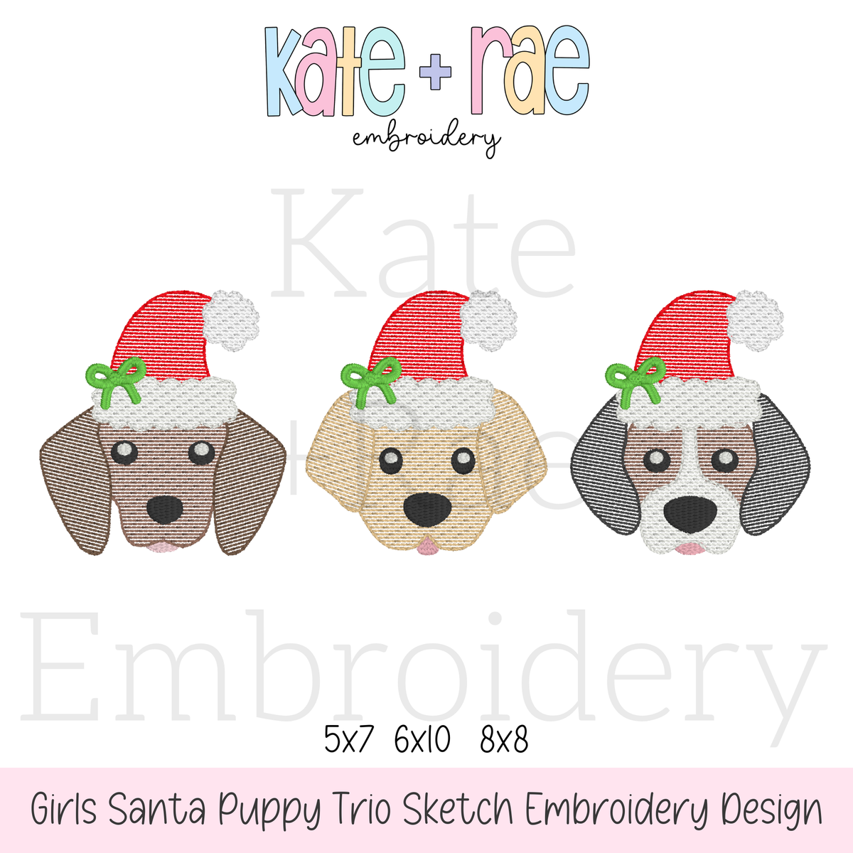 Santa Puppy Trio with Bows Sketch Stitch Embroidery Design: Design preview of three sketch stitch puppy faces wearing Santa hats with green bows, available in 5x7, 6x10, and 8x8