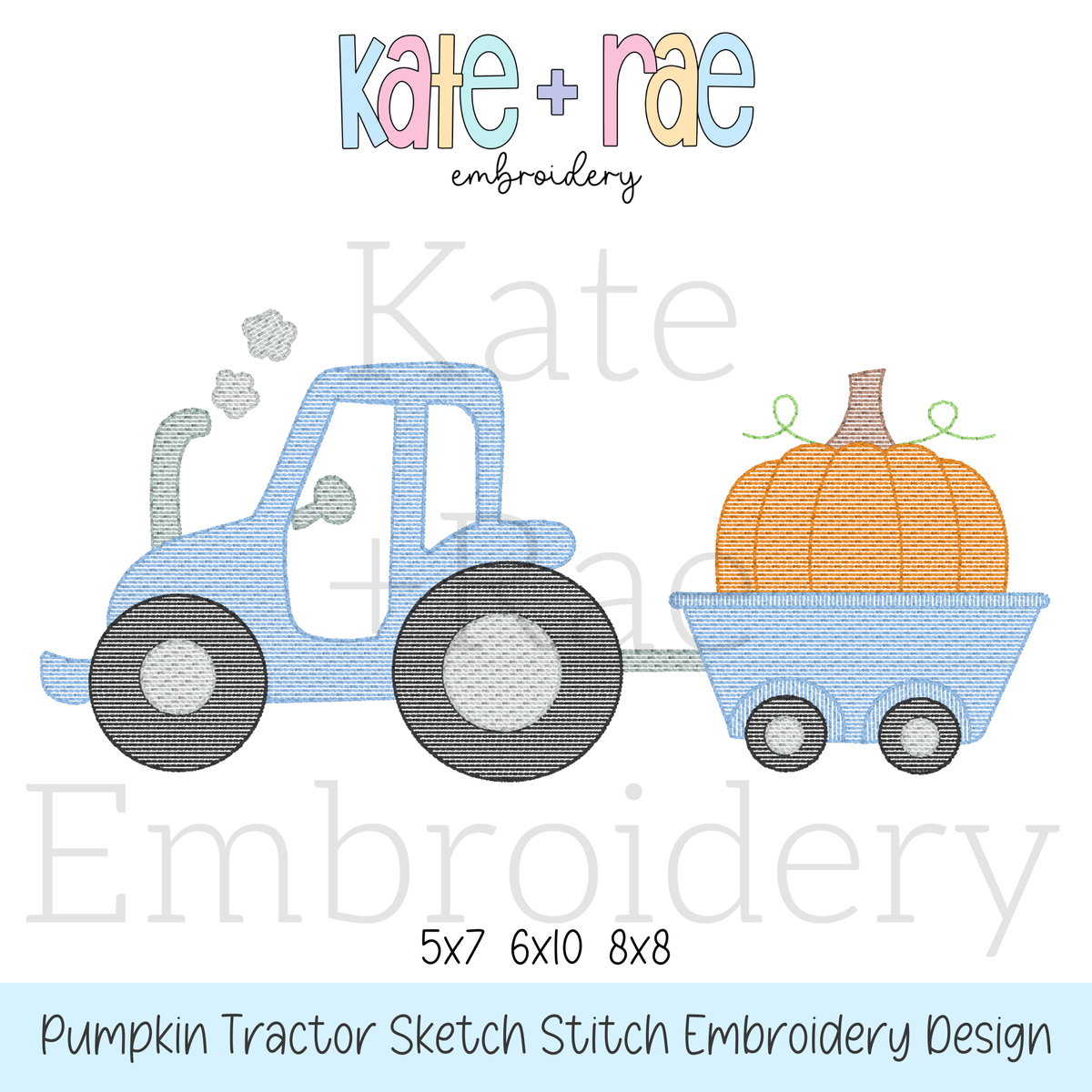 Tractor with Pumpkin in Wagon Sketch Stitch Embroidery Design: Design preview of a blue sketch stitch tractor pulling a wagon with an orange pumpkin, available in 5x7, 6x10, and 8x8