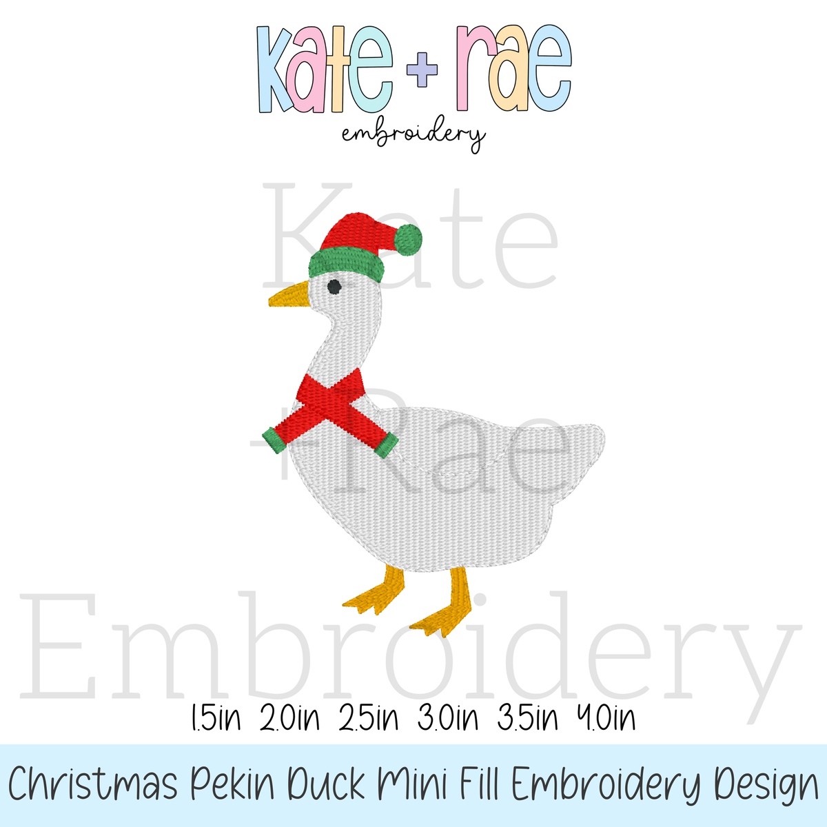Christmas Pekin Duck - Mini Fill - Custom Order: Design preview of a white Pekin duck wearing a green Santa hat and red scarf, available in 1.5 to 4 inch sizes