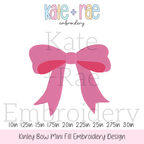 Kinley Bow Mini Fill Embroidery Design: Design preview of a pink fill stitch Kinley bow, available in 1 to 3 inch sizes
