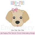 Labrador Girl Puppy Mini Sketch Stitch Embroidery Design: Design preview of a yellow Labrador puppy face with a pink bow, available in 2 to 3.5 inch sizes