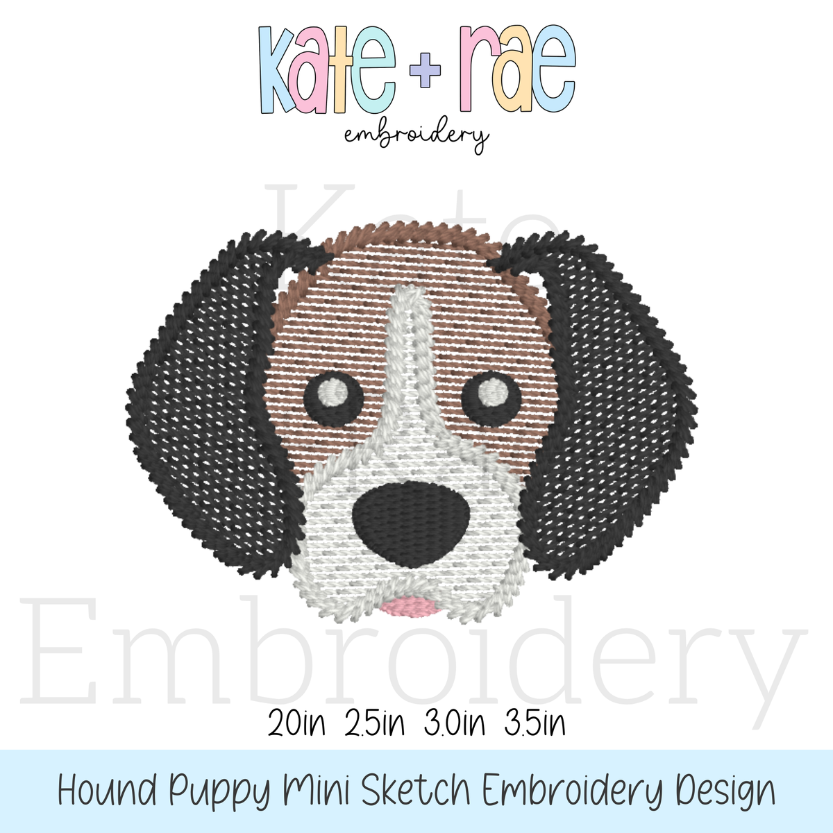 Hound Boy Puppy Mini Sketch Stitch Embroidery Design: Design preview of a black and white hound puppy face, available in 2 to 3.5 inch sizes