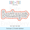 Buckeyes ZZ Double Applique: Design preview of the word Buckeyes in gray script with a white and orange zigzag double outline, available in 5x7, 6x10, 7x12, and 8x8
