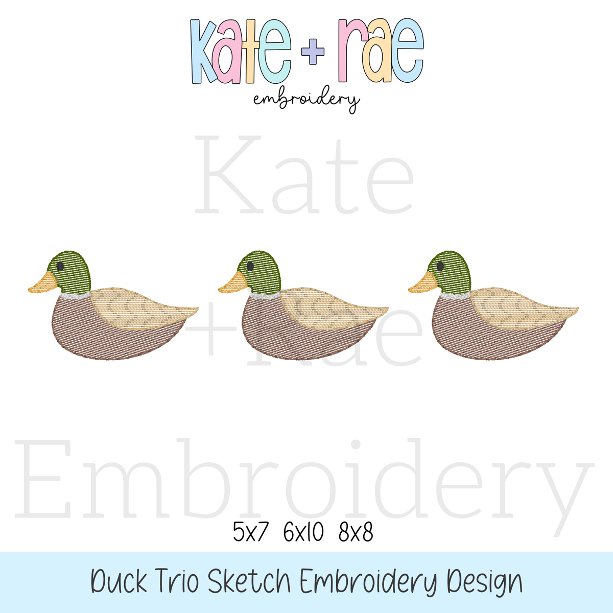Mallard Duck Trio Sketch Stitch Embroidery Design: Design preview of three sketch stitch mallard ducks in a row, available in 5x7, 6x10, and 8x8