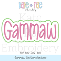 Gammaw Custom Applique: Design preview of the word Gammaw in pink with a green double outline, available in 5x7, 6x10, 7x12, and 8x8