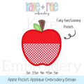 Apple Pocket Applique with Functioning Pocket Embroidery Design: Design preview of a red apple applique with a red gingham functioning pocket, available in 3 to 5 inch sizes