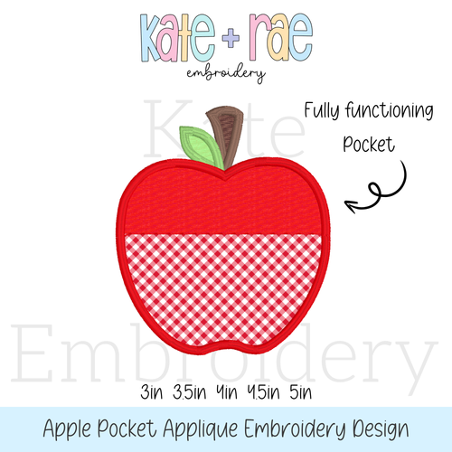 Apple Pocket Applique with Functioning Pocket Embroidery Design: Design preview of a red apple applique with a red gingham functioning pocket, available in 3 to 5 inch sizes