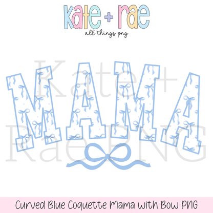 Blue Curved Varsity Coquette Mama with Bow PNG