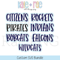Custom SVG Names: School mascot names Citizens, Rockets, Pirates, Indians, Bobcats, Falcons, and Wildcats in navy letters