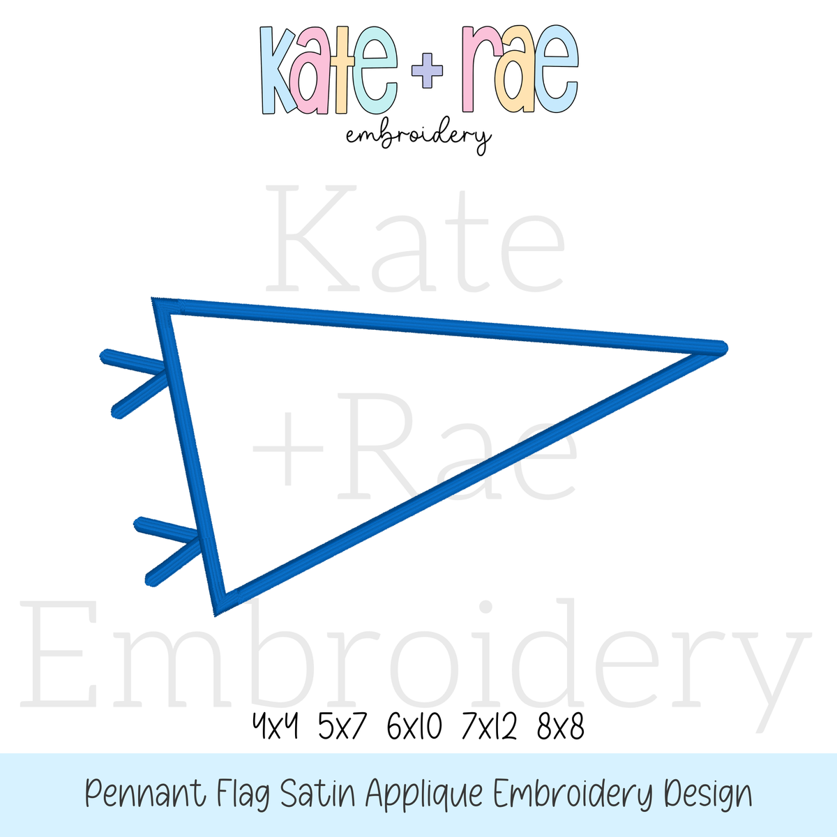 Pennant Flag Satin Stitch Applique Embroidery Design: Design preview of a blue pennant flag satin stitch outline, available in 4x4, 5x7, 6x10, 7x12, and 8x8