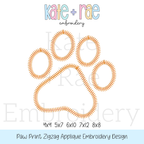 Paw Print Zigzag Stitch Applique Embroidery Design: Design preview of an orange zigzag stitch paw print outline, available in 4x4, 5x7, 6x10, 7x12, and 8x8
