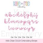 Hello Chain Stitch Embroidery Font: Lowercase a to z alphabet in a pink chain stitch script font, available in 1 to 3 inch sizes plus BX