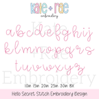 Hello Secret Stitch Embroidery Font: Lowercase a to z alphabet in a thin pink secret stitch script font, available in 1 to 3 inch sizes plus BX
