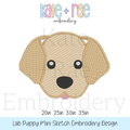 Labrador Boy Puppy Mini Sketch Stitch Embroidery Design: Design preview of a yellow Labrador puppy face, available in 2 to 3.5 inch sizes