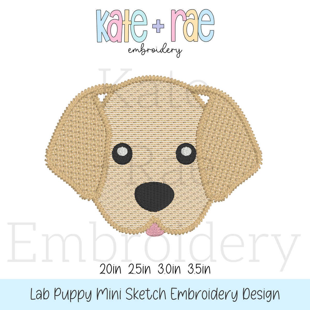 Labrador Boy Puppy Mini Sketch Stitch Embroidery Design: Design preview of a yellow Labrador puppy face, available in 2 to 3.5 inch sizes