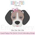 Hound Girl Puppy Mini Sketch Stitch Embroidery Design: Design preview of a black and white hound puppy face with a pink bow, available in 2 to 3.5 inch sizes