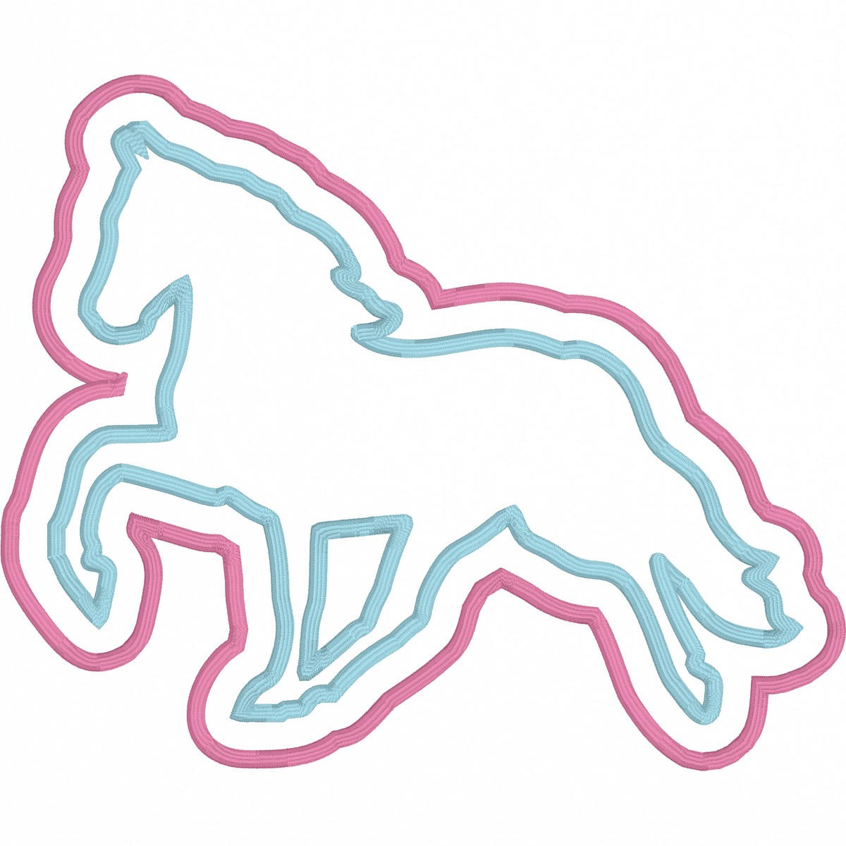 Horse Double Applique Embroidery Design: Horse silhouette in light blue with a pink double outline