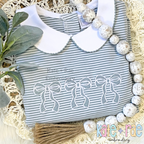 Merritt Bow Trio Satin Stitch Applique Embroidery Design: Three gray satin outline bows on a gray striped shirt with a white collar