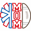 Mom of Both Applique: The word MOM in red collegiate letters between a cheer pom pom and a football applique