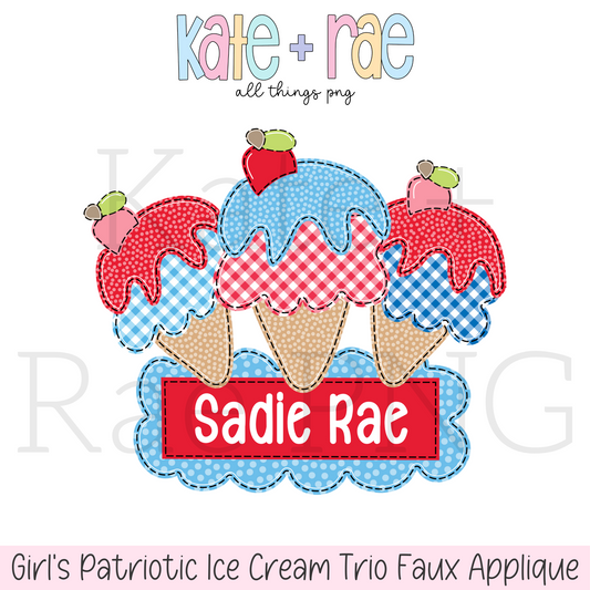 Patriotic Ice Cream Trio Faux Applique with Name Plate PNG