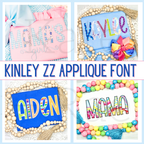 Kinley Zigzag Stitch Applique Embroidery Font: Four examples of the Kinley zigzag applique font spelling Mama's, Kaylee, Aiden, and Mama