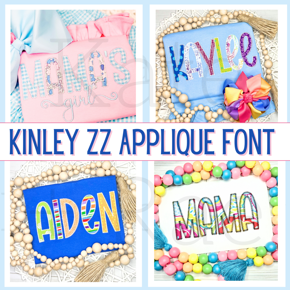 Kinley Zigzag Stitch Applique Embroidery Font: Four examples of the Kinley zigzag applique font spelling Mama's, Kaylee, Aiden, and Mama