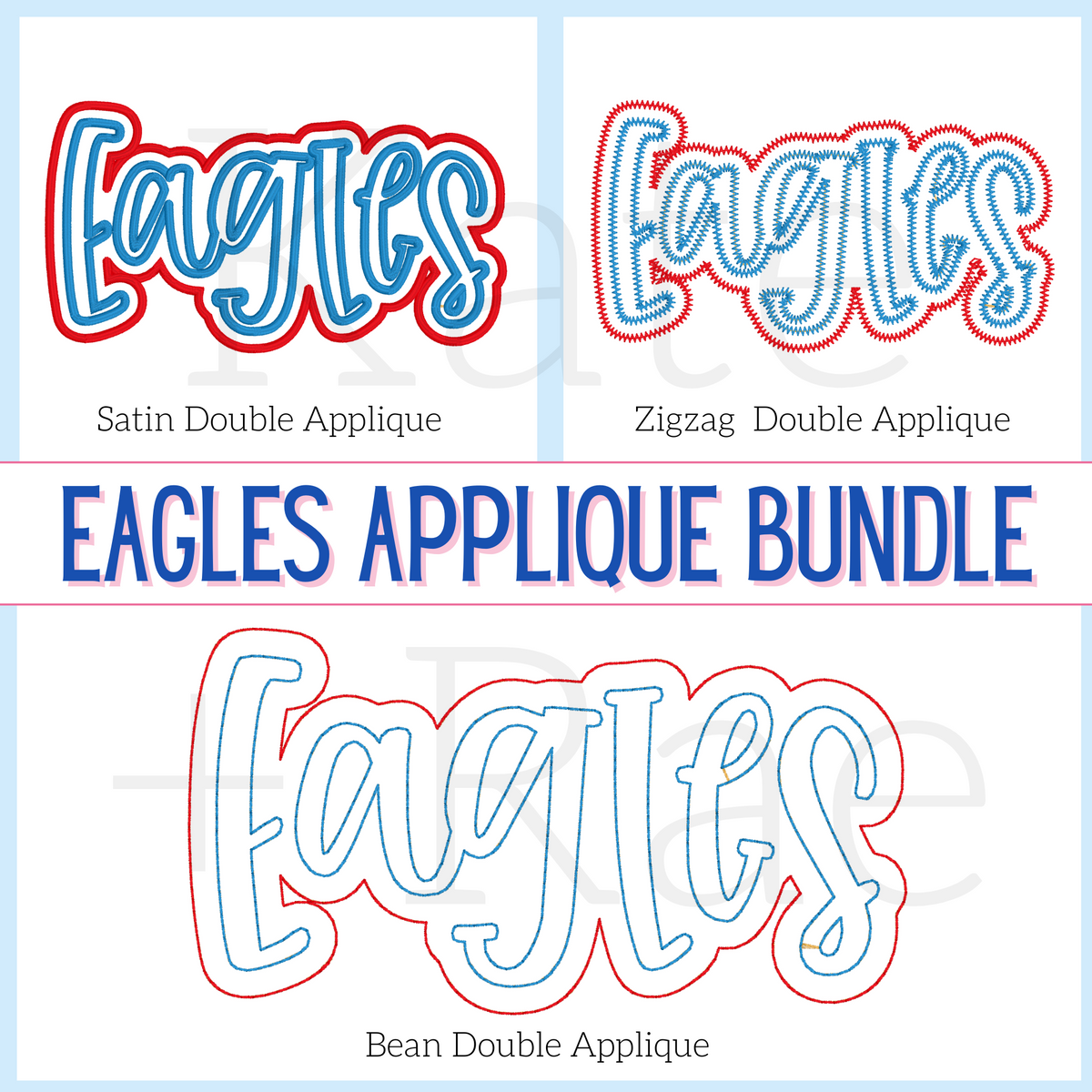 Eagles Double Applique Embroidery Design Bundle: Three versions of the word Eagles in satin, zigzag, and bean stitch double applique