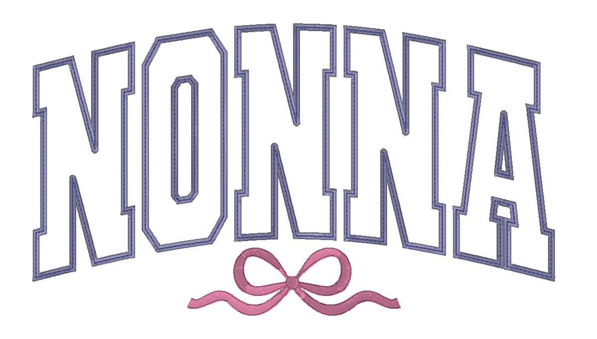 Curved Mimi, Grammy, Granny, Nonna: NONNA in navy curved collegiate outline letters with a pink bow underneath