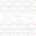 Pink Watercolor Florals in Scalloped Frame with Bows Seamless Pattern: Seamless pattern of pink watercolor flowers in scalloped frames with pink bows