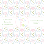 Pink Watercolor Florals in Scalloped Frame with Bows Seamless Pattern: Seamless pattern of pink watercolor flowers in scalloped frames with pink bows