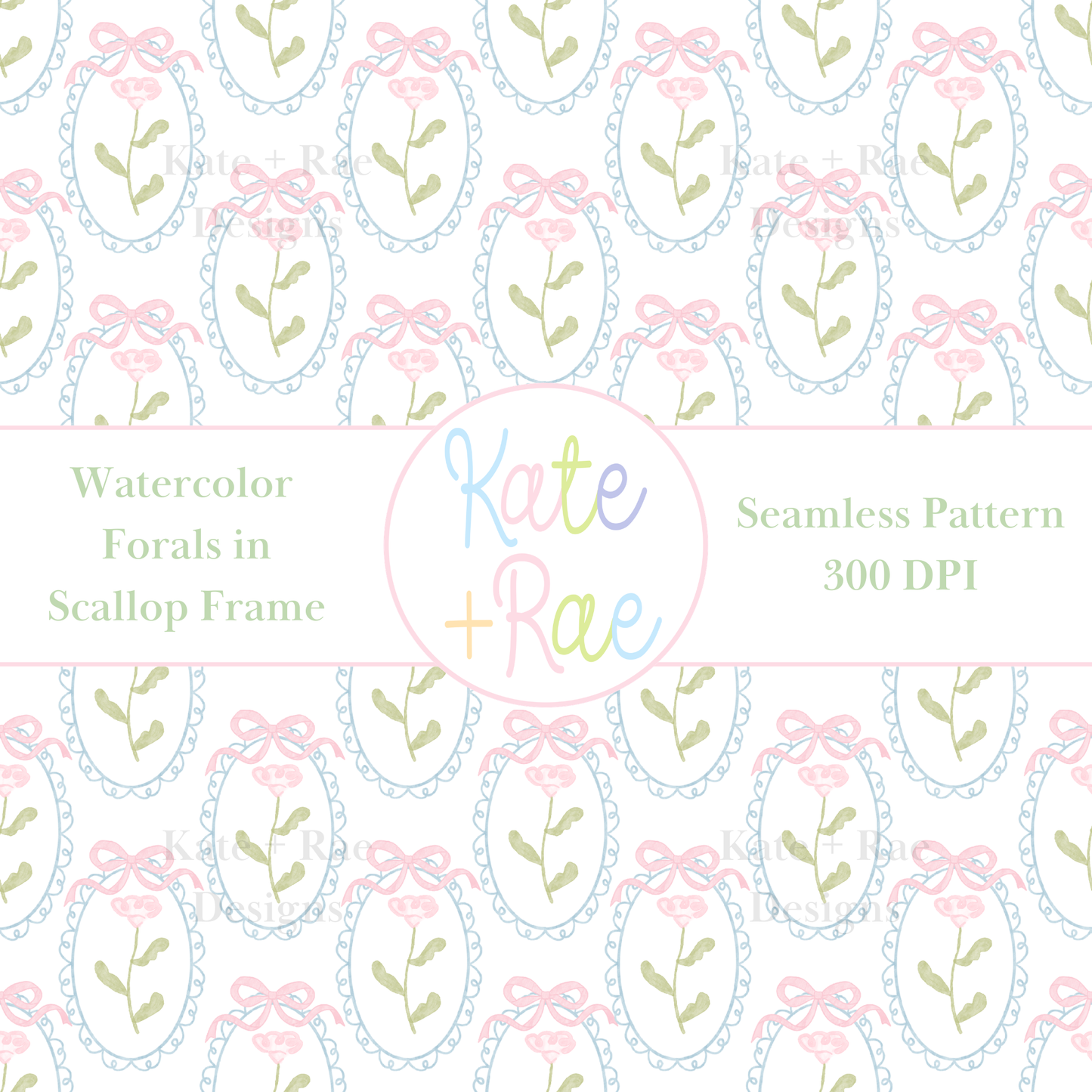 Pink Watercolor Florals in Scalloped Frame with Bows Seamless Pattern