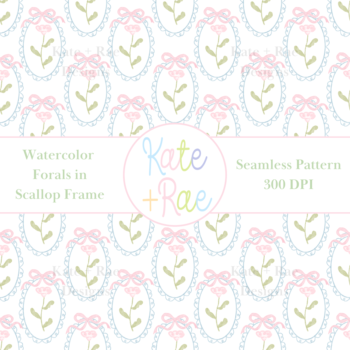 Pink Watercolor Florals in Scalloped Frame with Bows Seamless Pattern: Seamless pattern of pink watercolor flowers in scalloped frames with pink bows