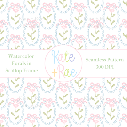 Pink Watercolor Florals in Scalloped Frame with Bows Seamless Pattern