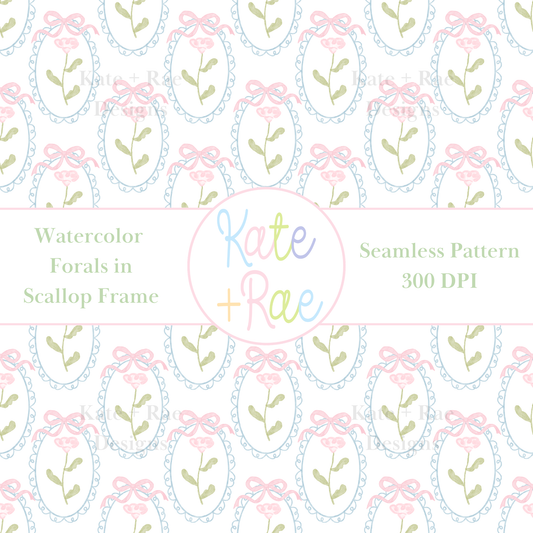 Pink Watercolor Florals in Scalloped Frame with Bows Seamless Pattern