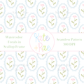 Pink Watercolor Florals in Scalloped Frame Seamless Pattern: Seamless pattern of pink watercolor flowers in blue scalloped oval frames