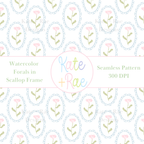 Pink Watercolor Florals in Scalloped Frame Seamless Pattern: Seamless pattern of pink watercolor flowers in blue scalloped oval frames