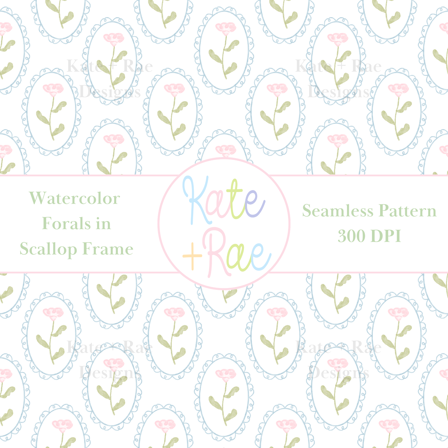 Pink Watercolor Florals in Scalloped Frame Seamless Pattern