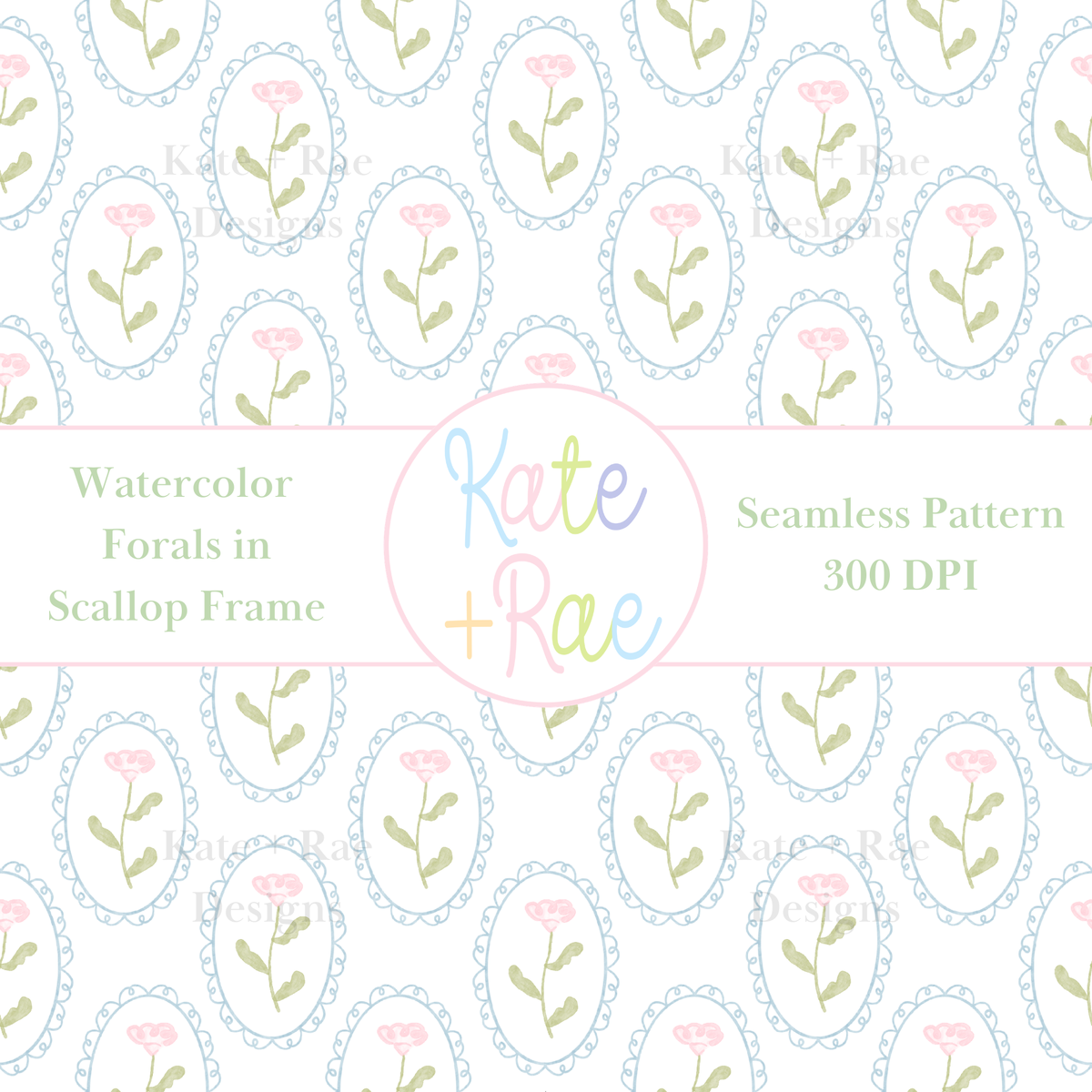 Pink Watercolor Florals in Scalloped Frame Seamless Pattern: Seamless pattern of pink watercolor flowers in blue scalloped oval frames