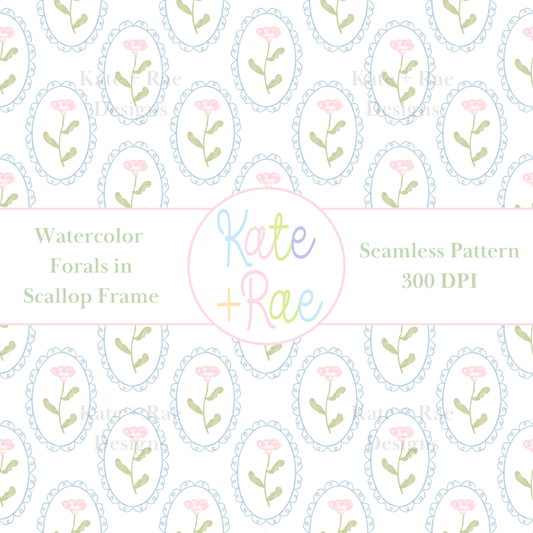 Pink Watercolor Florals in Scalloped Frame Seamless Pattern