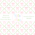 Diamond Florals with Watercolor Bows Seamless Pattern: Seamless pattern of pink watercolor bows in a green diamond lattice