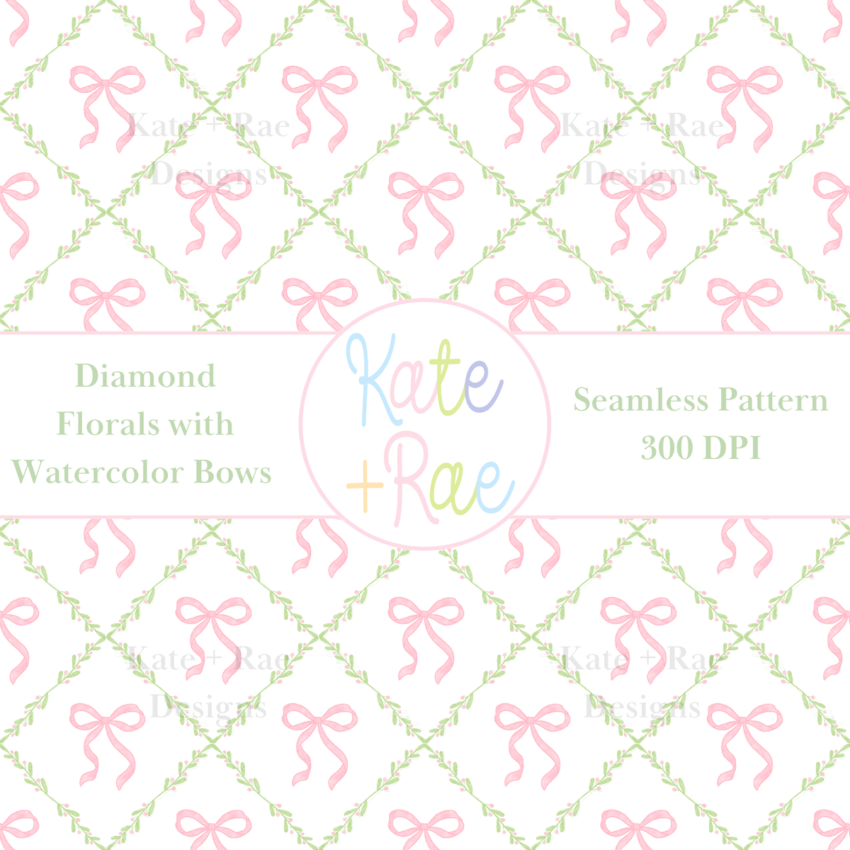 Diamond Florals with Watercolor Bows Seamless Pattern: Seamless pattern of pink watercolor bows in a green diamond lattice