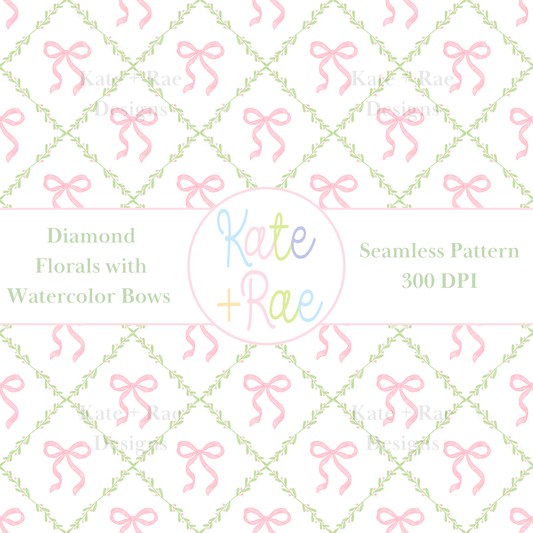 Diamond Florals with Watercolor Bows Seamless Pattern