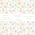 Ditsy Floral Watercolor Seamless Pattern: Seamless ditsy floral watercolor pattern with pink, blue, purple, and yellow flowers